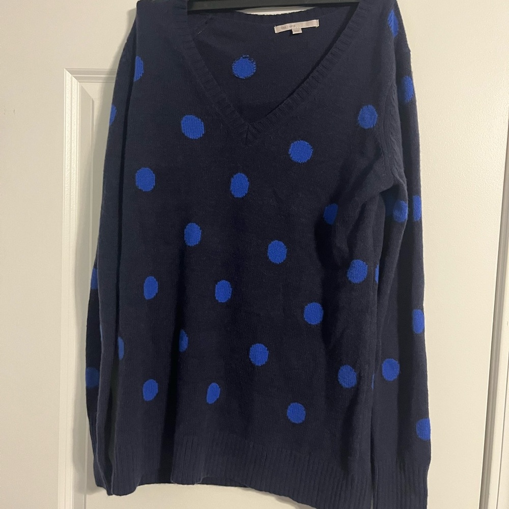 Gap Women Size L Blue Polka Dot V- Neck Long-sleeve Sweater